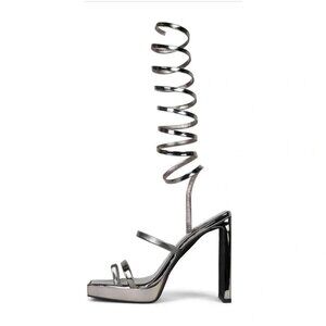 New Jeffrey Campbell silver pewter mirror finish coil slinky strappy heel sandal